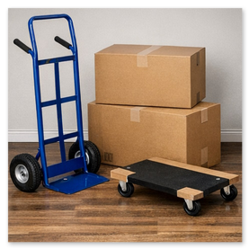 Картонные коробки, тележки и рохли для перевозки